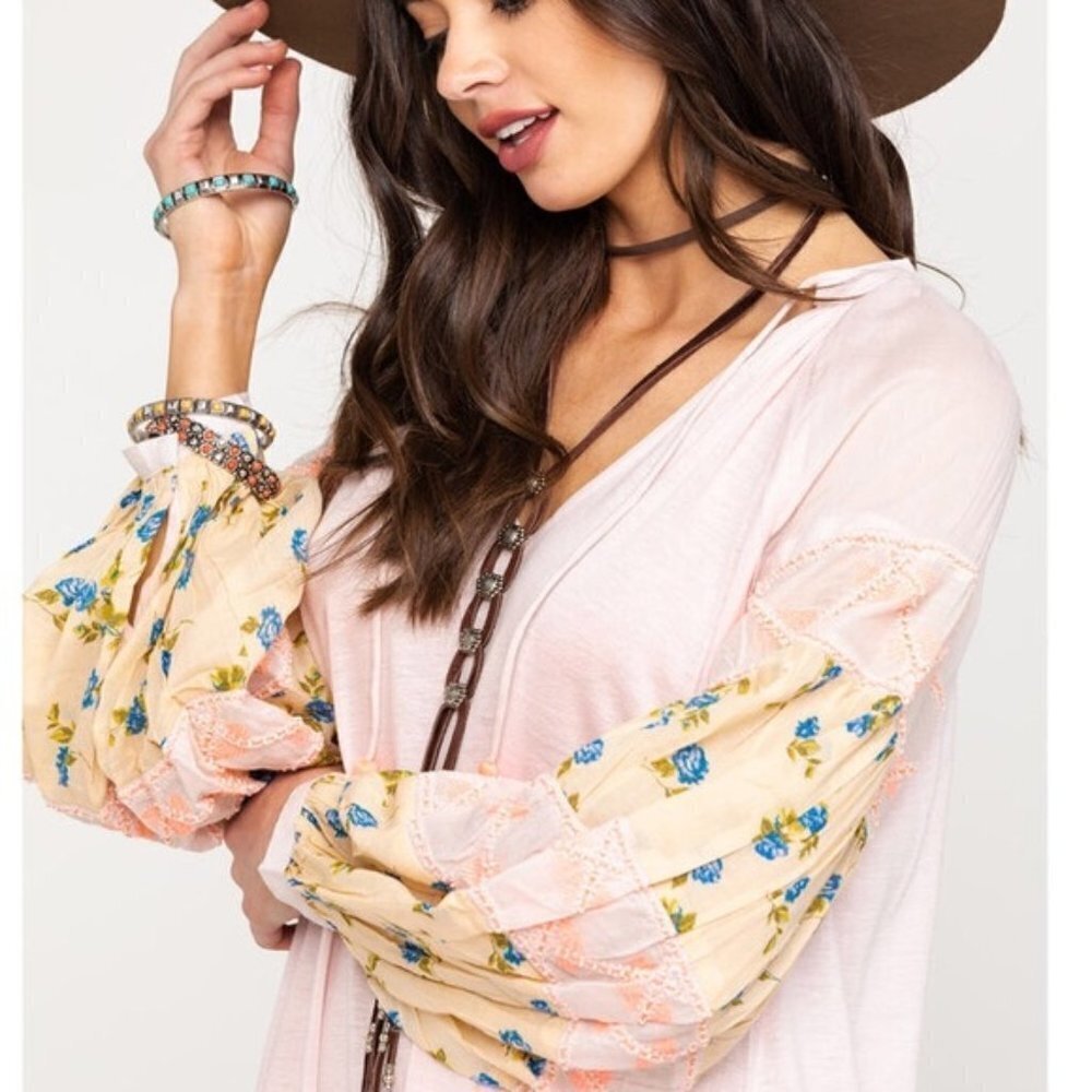 Free People Pink Floral Mist Combo Tunic Top / Dress  Size Small